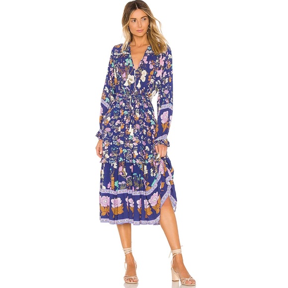 Wild Bloom Gypsy Boho Blue Floral Flowy Midi Dress - Picture 2 of 11
